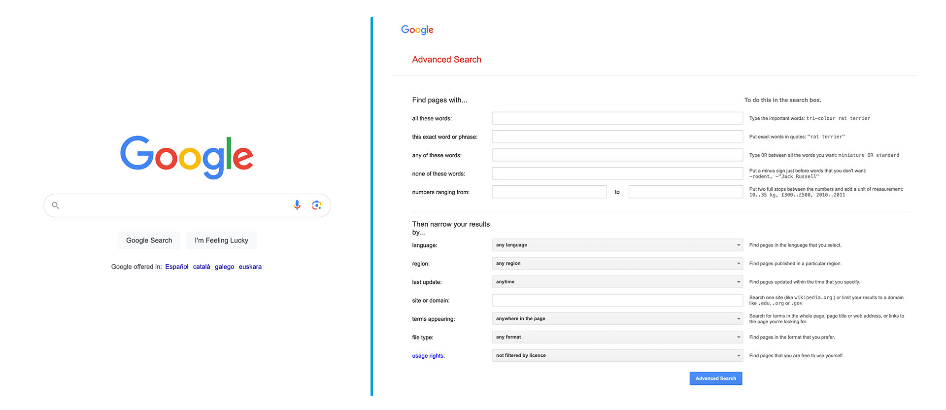 The Google homepage next to the Google Advanced Search page. The homepage is simple with one search box while the advanced search has many options and text boxes for refining searches.